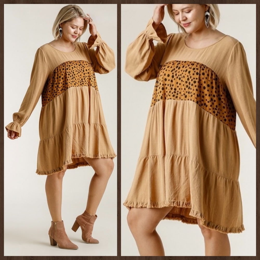 UMGEE Puff Sleeve & Ruffled Cuff Tiered Babydoll Dress Fringe Hem W/Animal Print - Picture 10 of 16